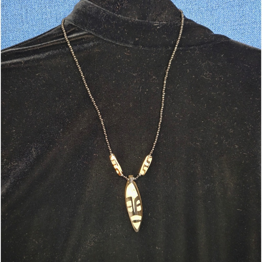 Handcrafted African Batik Bone Mask Necklace Black Seed Bead Ethnic Tribal